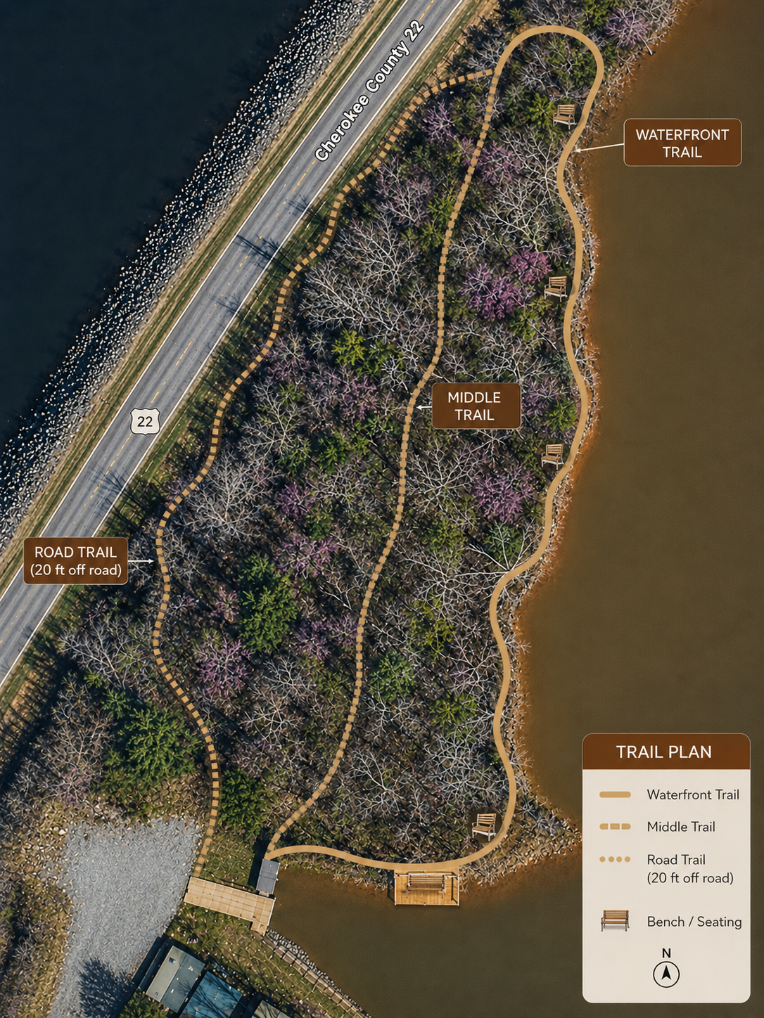 Aerial trail plan showing the nature trail near the bottom of the property
